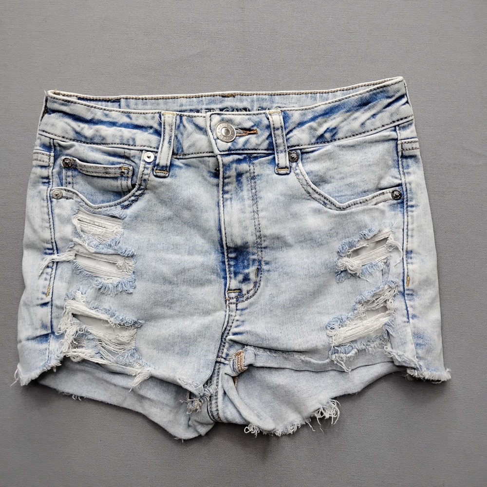 American Eagle Hi-Rise Shortie Distressed Denim Shorts Light Wash Womens Size 6